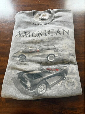 Vintage style gray  men’s sweatshirt, size large lifestyle American sports cars